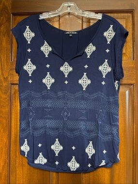 Cable and Gauge Navy Top with Cream Embroidered Diamond Motifs
